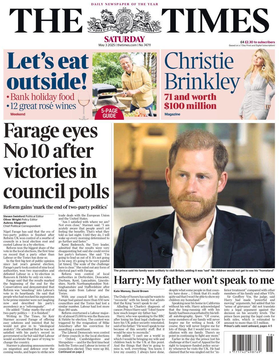 The headline in The Times reads: Farage eyes No 10 after victories in council polls