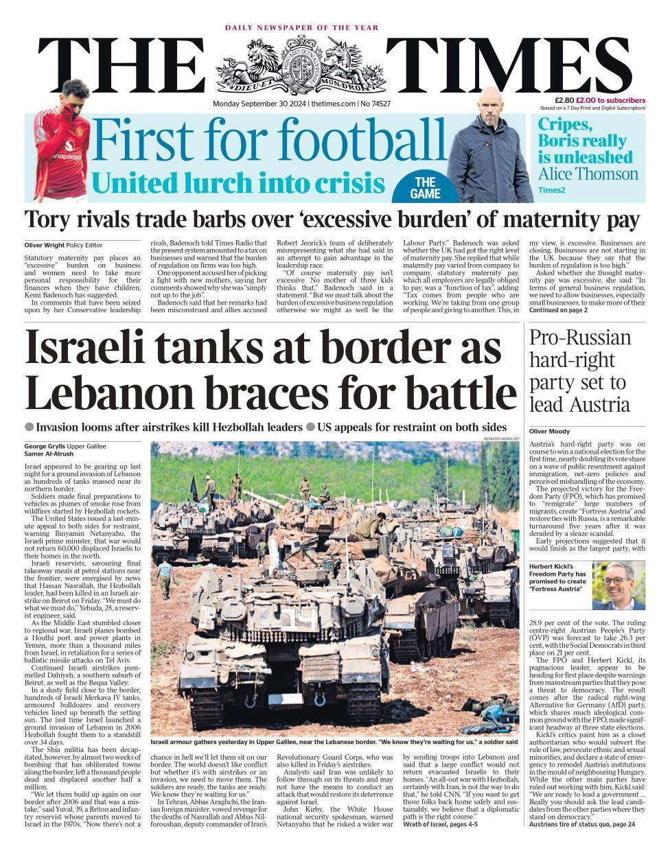 The Times front page for 30 September