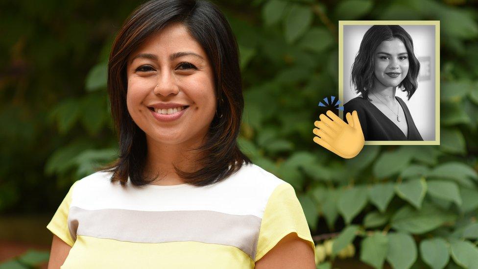 Cristina Jiménez smiles next to an inset image of Selena Gomez, and emoji of clapping hands.