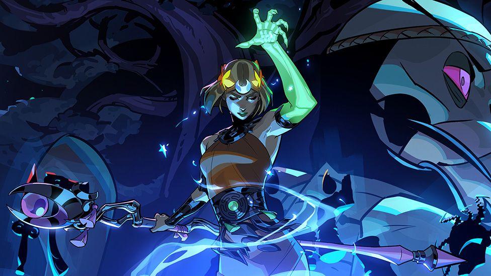 A female character stands amid streams of swirling, purplish lights, a long, magical staff held out behind her. Her eyes are closed and her free arm - glowing green and revealing the bones within - is held above her head. A foreboding, cavernous environment can be seen behind her.