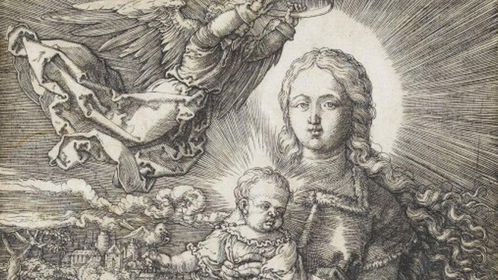 This undated handout made available by Staatsgalerie Stuttgart shows the copperplate print "Maria, crowned by an angel"