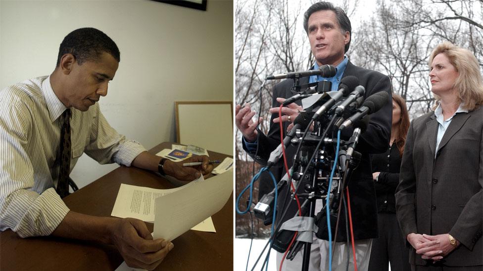 Barack Obama before 2004 Democratic Convention speech (l); Mitt Romney announces he will run for governor, March 2002 (r)