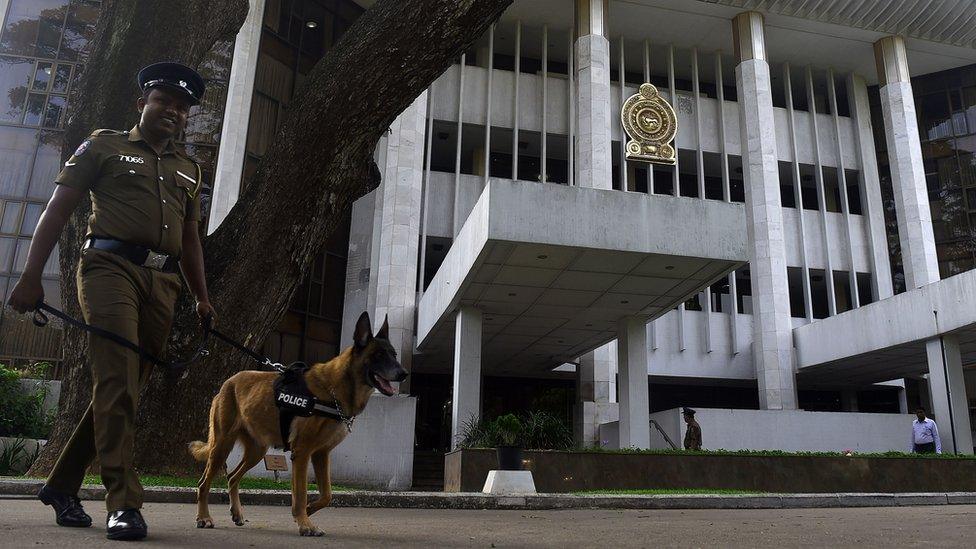 A Sri Lankan policeman walks with a sniffer dog to inspect outside the Sri Lankan Supreme Court in Colombo on December 12, 2018