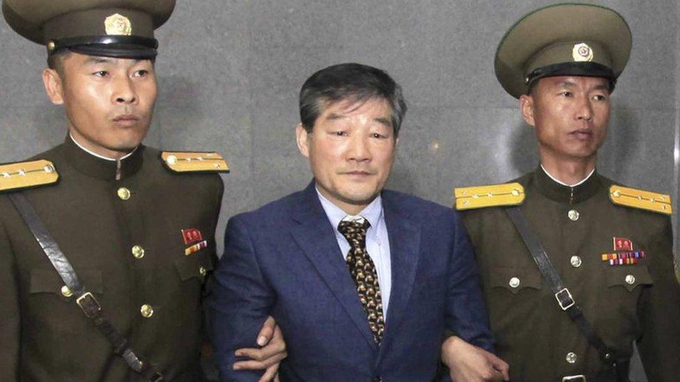 Kim Dong-chul, centre, a US citizen detained in North Korea, is escorted to his trial Friday, 29 April 2016, in Pyongyang, North Korea