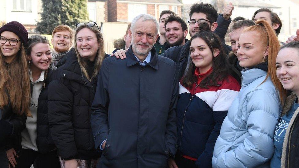 Labour leader Jeremy Corbyn with students in Nottingham