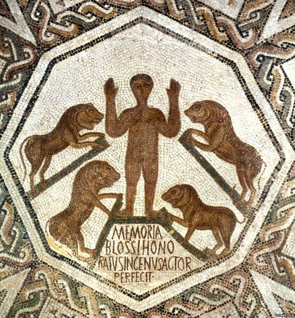 Detail of a mosaic depicting the biblical story of Daniel in the lions den