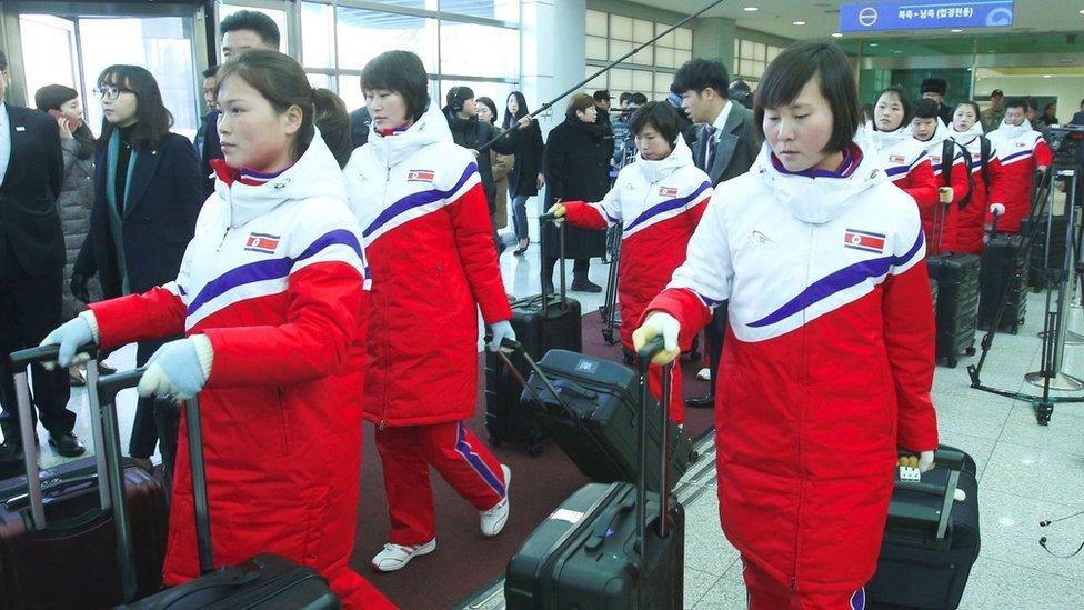 North Korea's women's ice hockey players arrive at the inter-Korea transit office