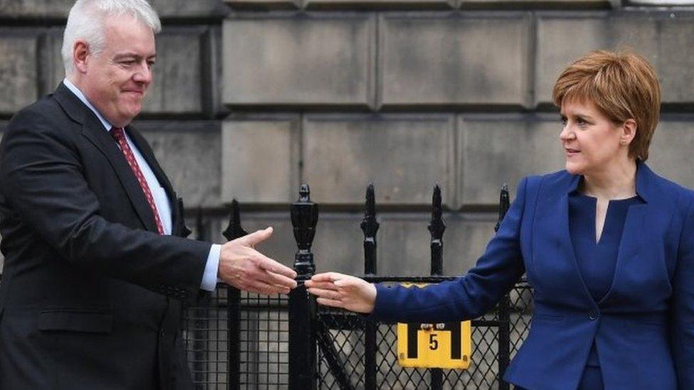 First Minister Carwyn Jones meeting his Scottish counterpart Nicola Sturgeon in Edinburgh in August