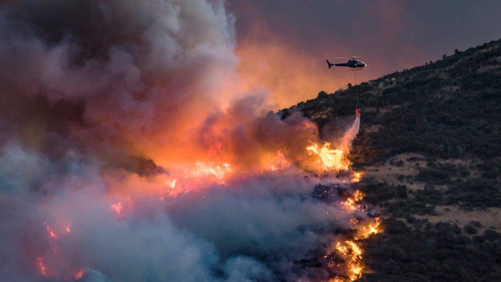 A helicopter dumps fire retardant on wildfires near Christchurch on New Zealand's South Island, February 13, 2017.