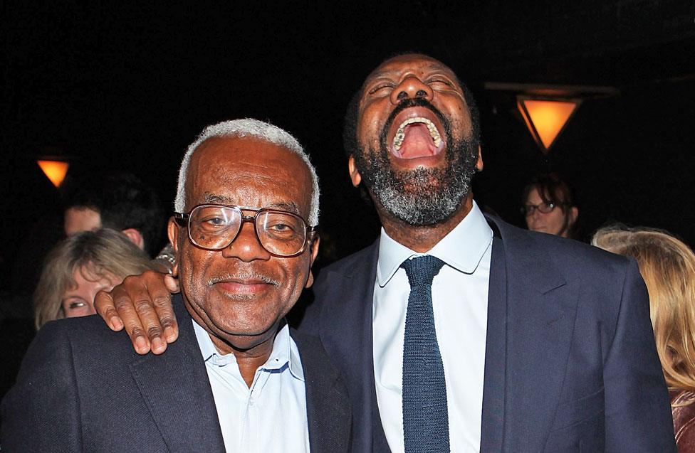 Sir Tevor McDonald meets actor Lenny Henry following his performance on press night of 'Fences' at the Duchess Theatre in London