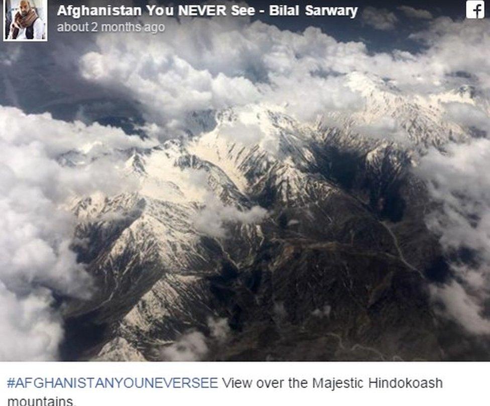 Facebook post showing aerial view of mountains and text: "View over the Majestic Hindokoash mountains."