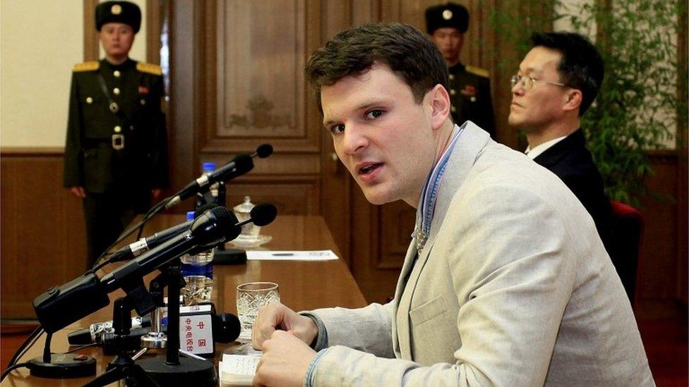 Otto Warmbier at a press conference in Pyongyang (29 February 2016)