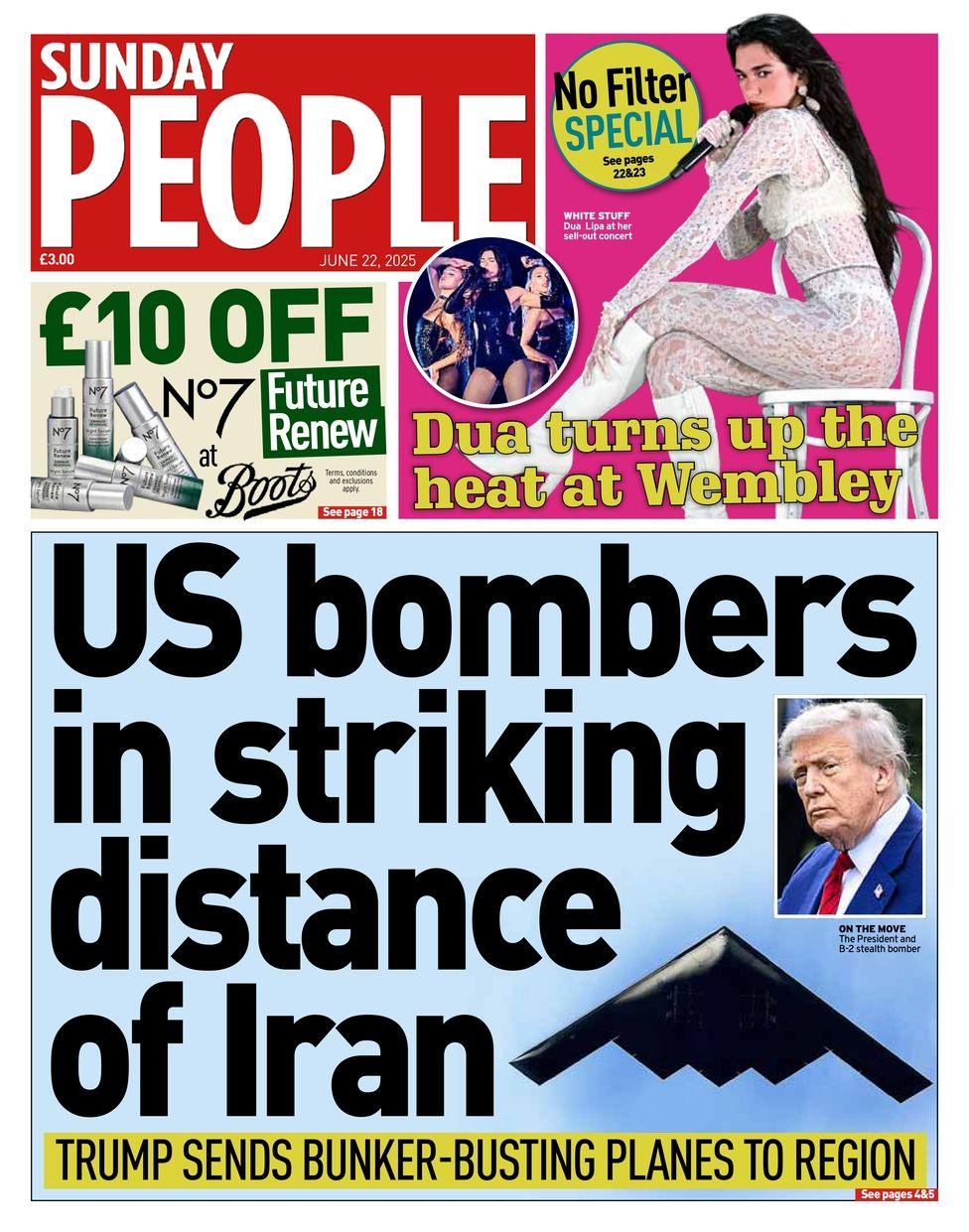 The headline on the front page of Sunday People reads: "US bombers in striking distance of Iran"