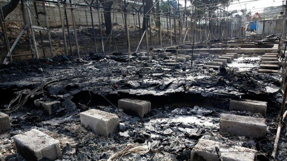 Remains of burned tent at Moria