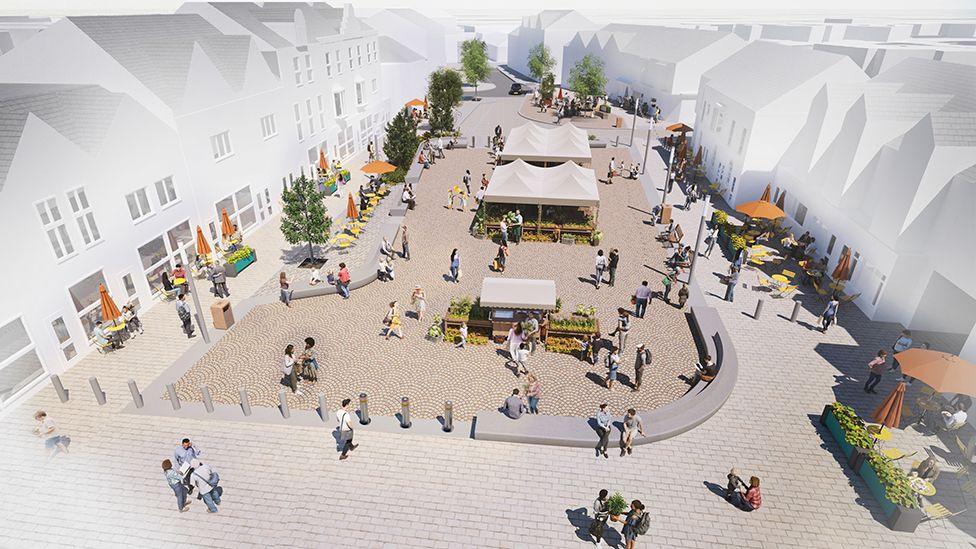 Artist impression of the new square. It has grey paving stones with a central area protected by bollards with market stalls surrounded by built-in seating. On both sides are tables with umbrellas outside cafes.
