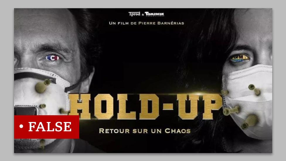 A poster for a film called "HOLD-UP" with an image of the masked faces of a man and a woman with germs coming out their masks.