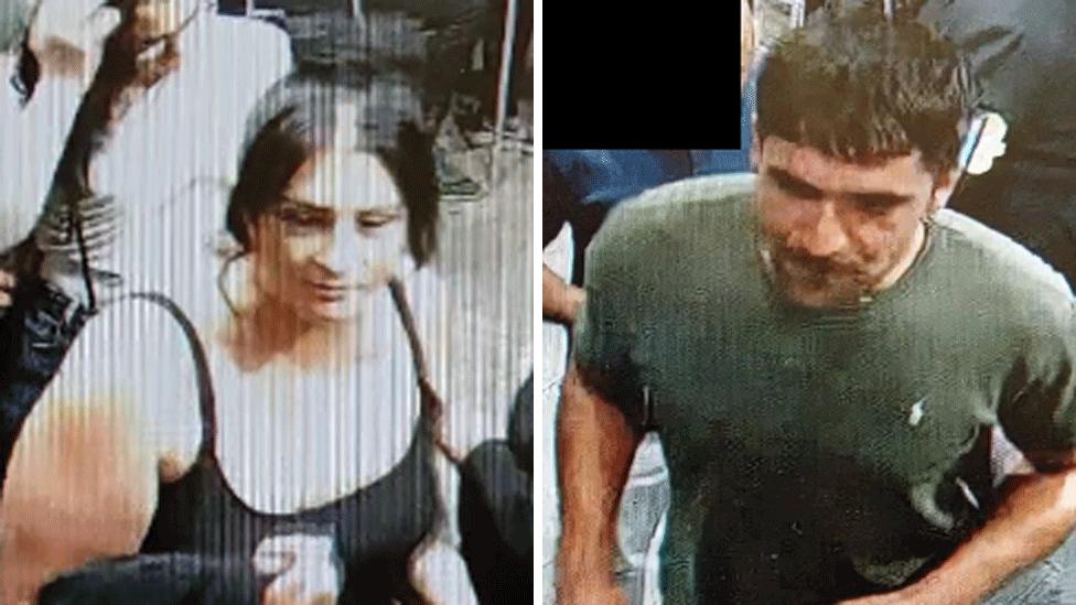 Two CCTV images beside one another. On the left is a woman with black hair and black vest top and on the right is a man with dark hair wearing a dark green T-shirt