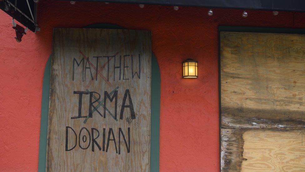 A restaurant is boarded up in Stuart, Florida while Hurricane Dorian churns off the coast on September 2, 2019.