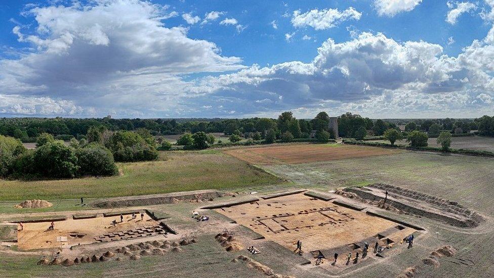 Drone photograph showing excavated hall and boundary ditch