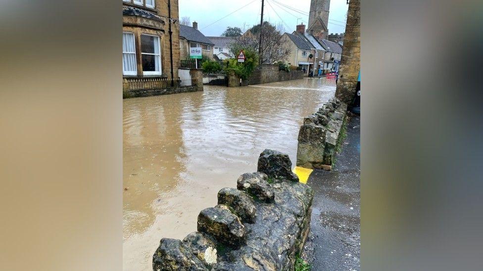 A flooded street in South Petherton