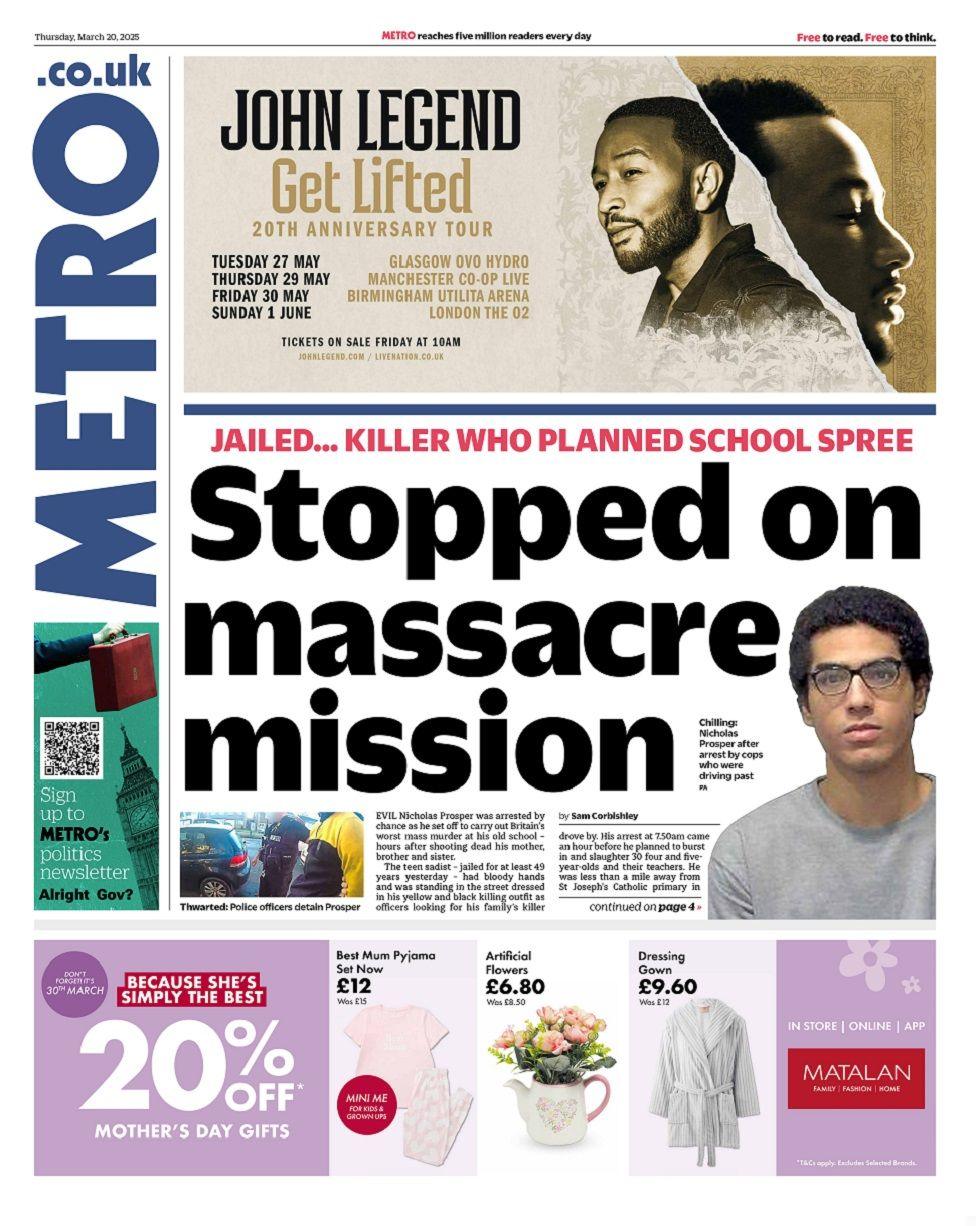 Front page of the Metro for Thursday 19 March 2025.