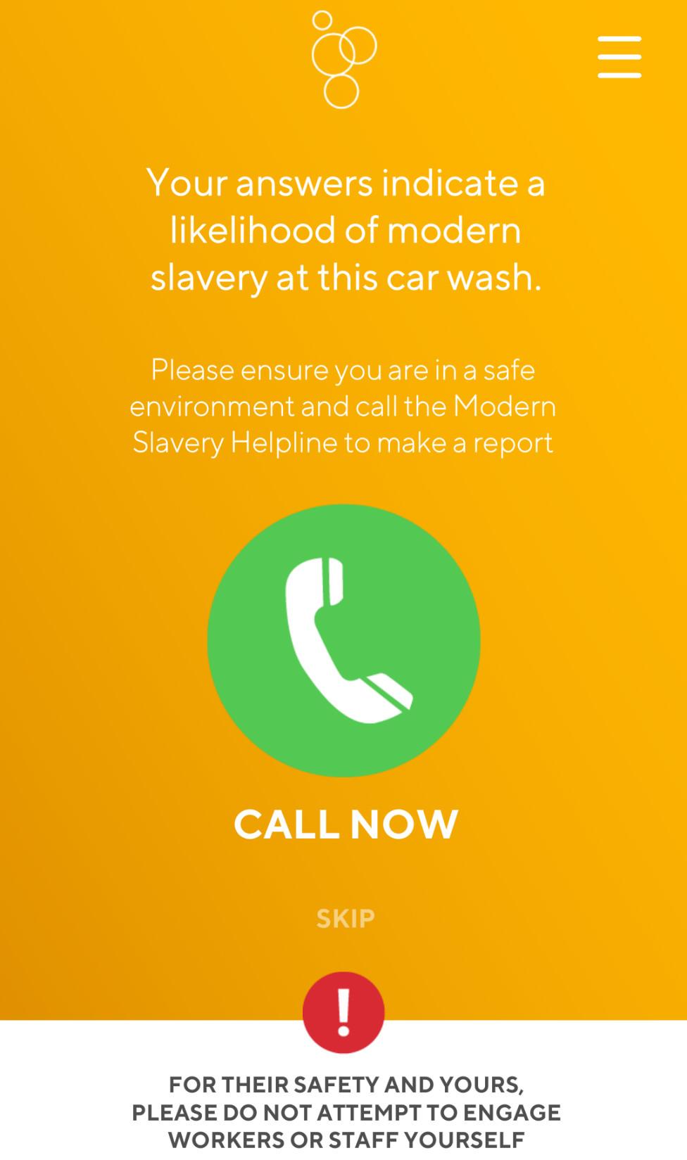 A screen from the Safe Car Wash App