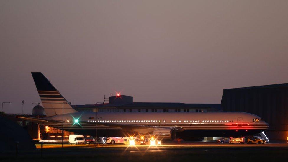 The grounded Rwanda deportation flight EC-LZO Boeing 767 at Boscombe Down Air Base, on June 14, 2022 in Boscombe Down. The flight taking asylum seekers from the UK to Rwanda has been grounded at the last minute after intervention of the European Court of Human Rights