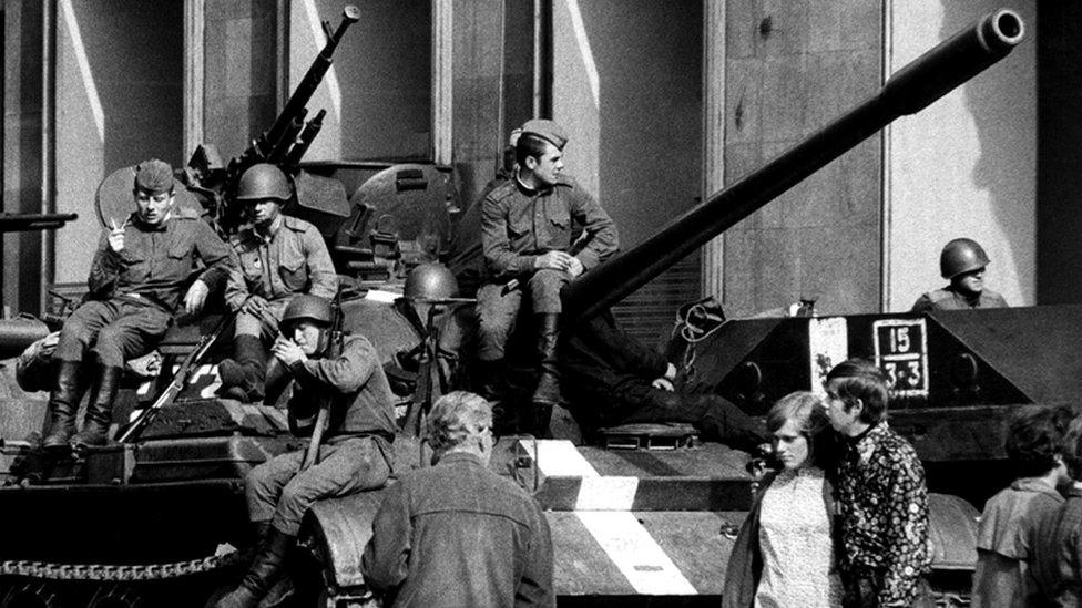 Soviet tanks on the streets of Prague, 21 Aug 68