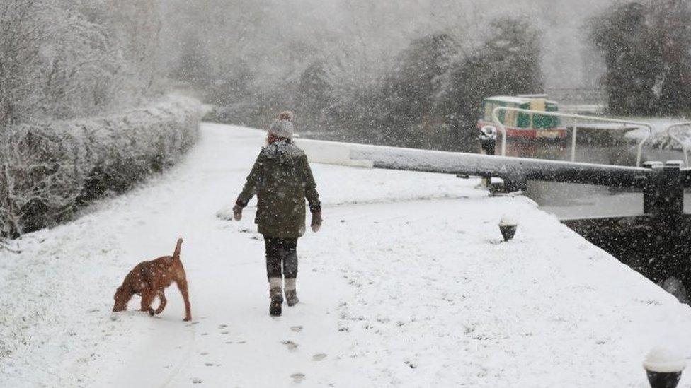 A dog walker braves the snow in Woolsthorpe, Leicestershire