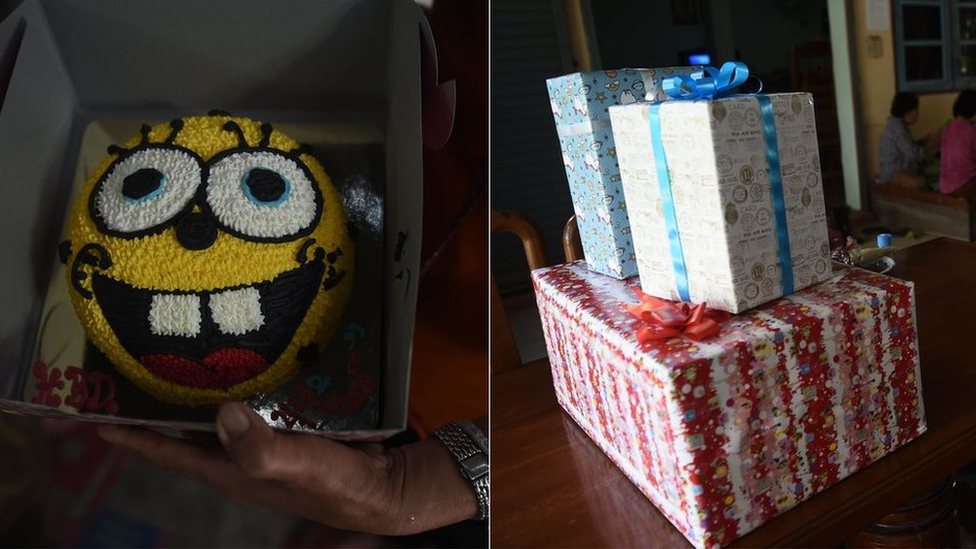 Composite showing the birthday cake, and the presents, Night's family had prepared for him