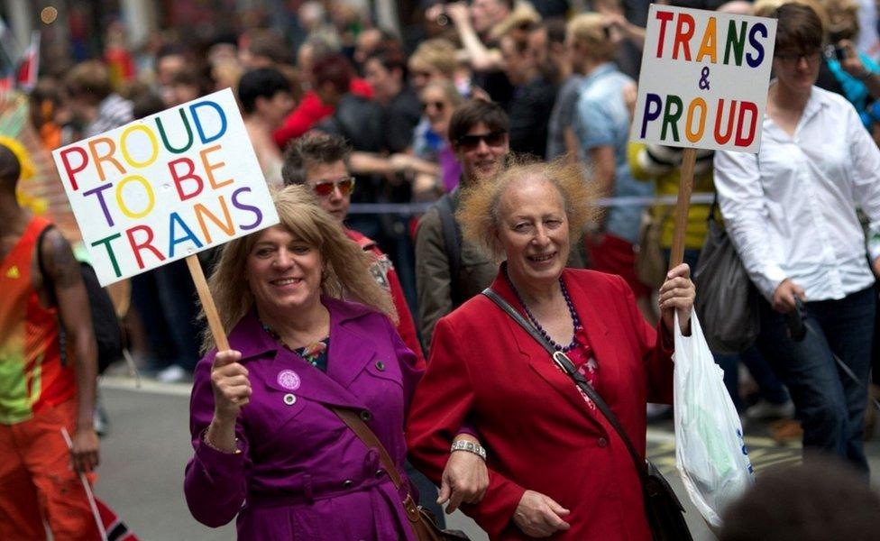 Two transgender people with placards on a pride march