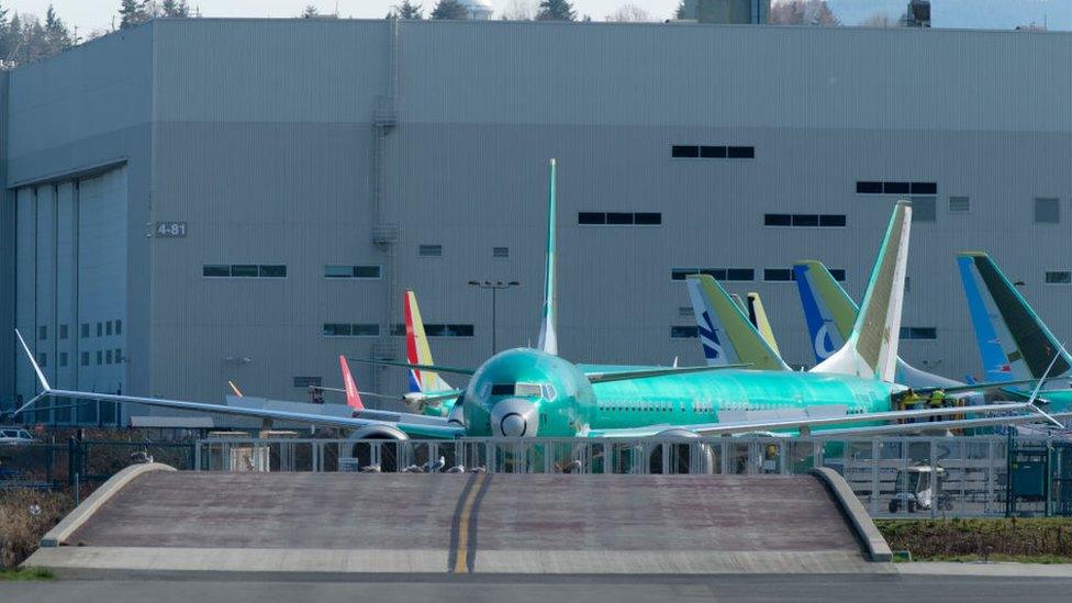 A Boeing 737 MAX 8 airplane is pictured outside the company's factory.