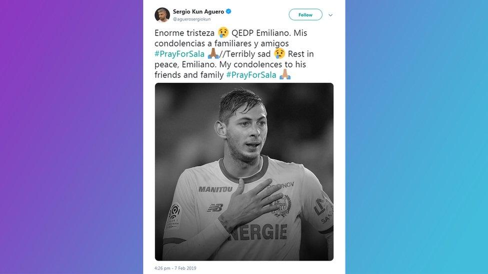 Sergio Aguero tweeting about Emiliano Sala