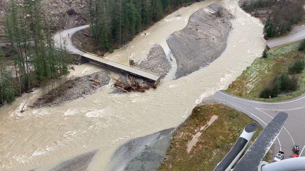 In this handout provided by the B.C. Ministry of Transportation and Infrastructure, a view of damage Highway 5 - Coquihalla - Caroline Mine Interchange 2 on November 17, 2021 in British Columbia, Canada