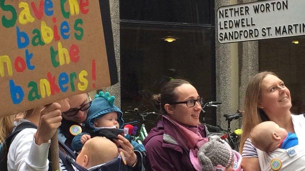 Parents protesting outside County Hall against cuts to Children's Centres