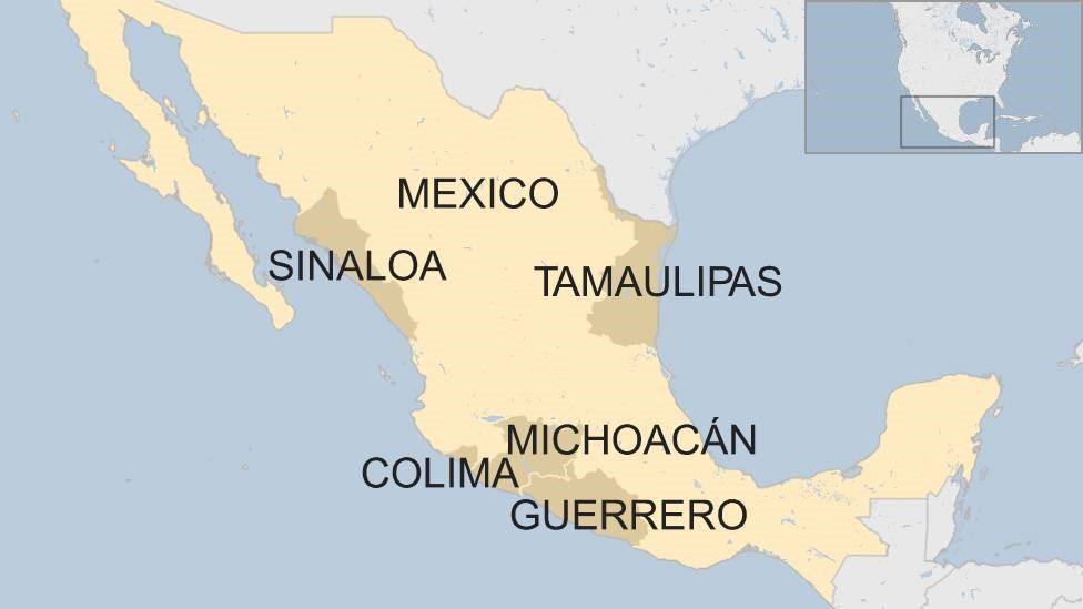 Map of Mexico with the five states mentioned highlighted