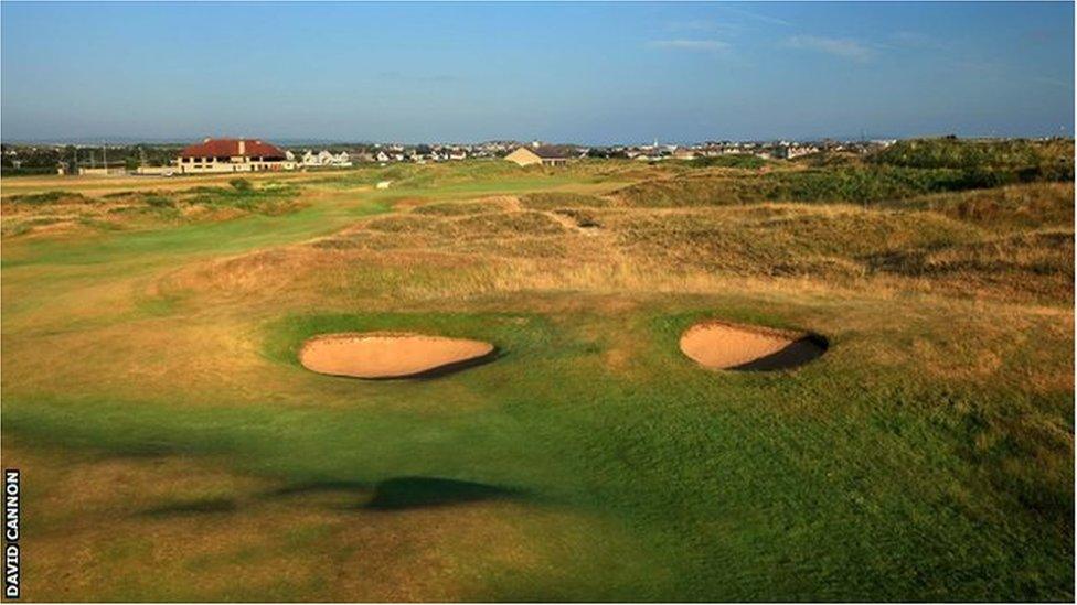 The view facing those attempting the approach shot to the 18th at Royal Portrush