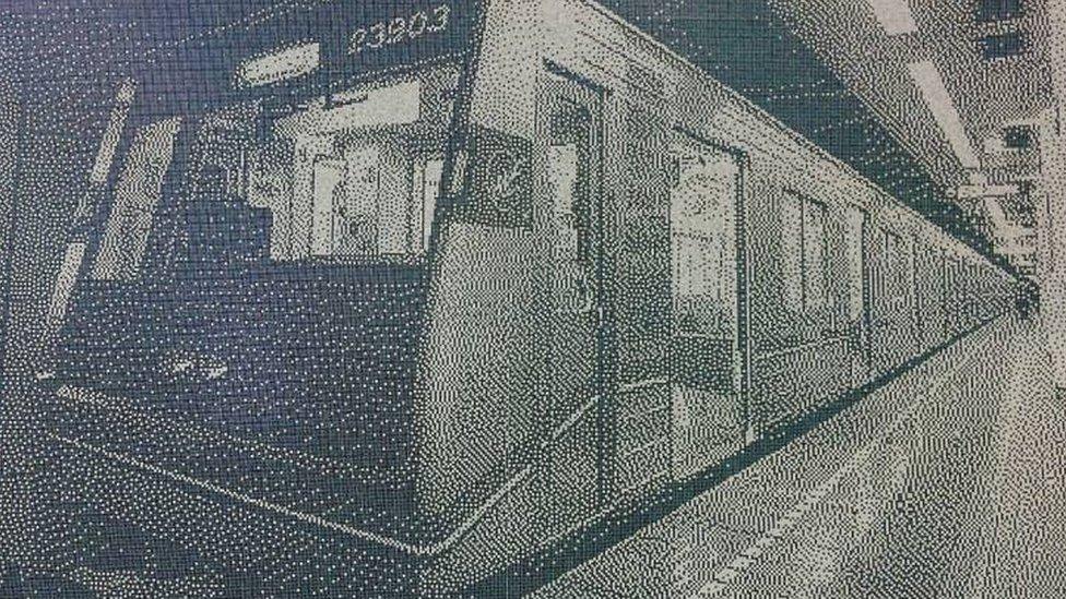 Image of train created from ticket fragments