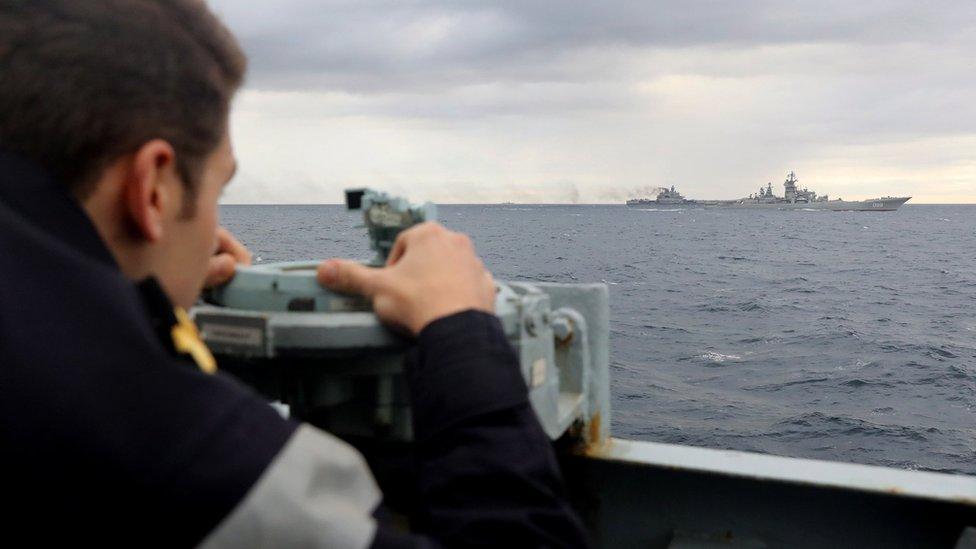 HMS Richmond man marks the Admiral Kuznetsov aircraft carrier task group in the Norwegian Sea. 18 Oct 2016