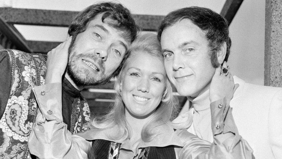 Left to right, actors Mike Pratt as Jeff Randall, Annette Andre as Jeannie Hopkirk and Kenneth Cope as Marty Hopkirk, the stars of the new television series 'Randall and Hopkirk (Deceased)', at ATV House in Great Cumberland Place, London, 17 September 1969