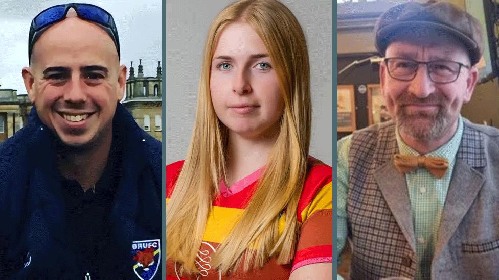 A composite of Martyn Sadler, wearing a rugby kit and smiling, Jennie Logan, wearing a red and yellow short-sleeve top, and Dave Chester who is wearing a grey flat cap and suit and is holding a pint glass.