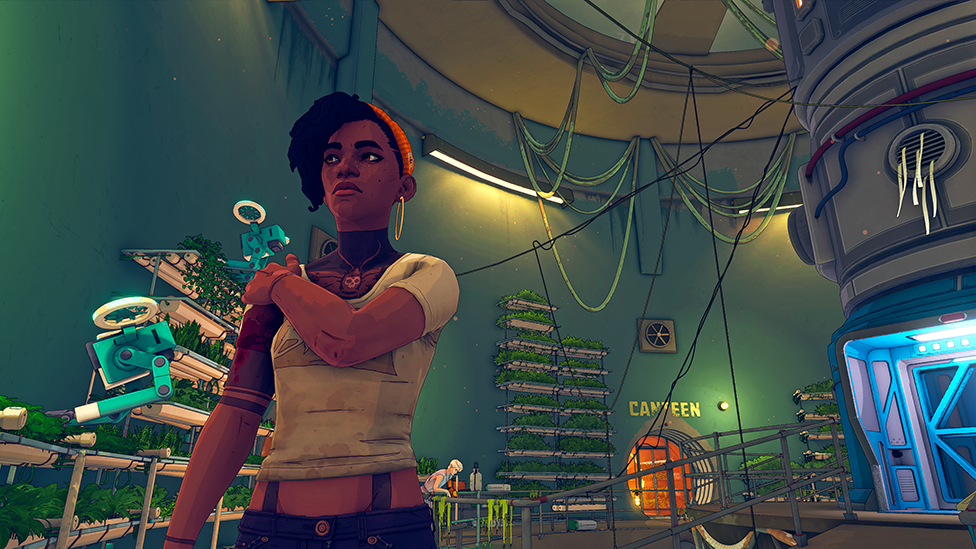 Screenshot shows main character Pax in an underground facility, in a large, cylindrical chamber. There are tall shelving units with plants growing from them dotted along the circumference of the room. Wires hang from the ceiling and the room looks disused and dilapidated.