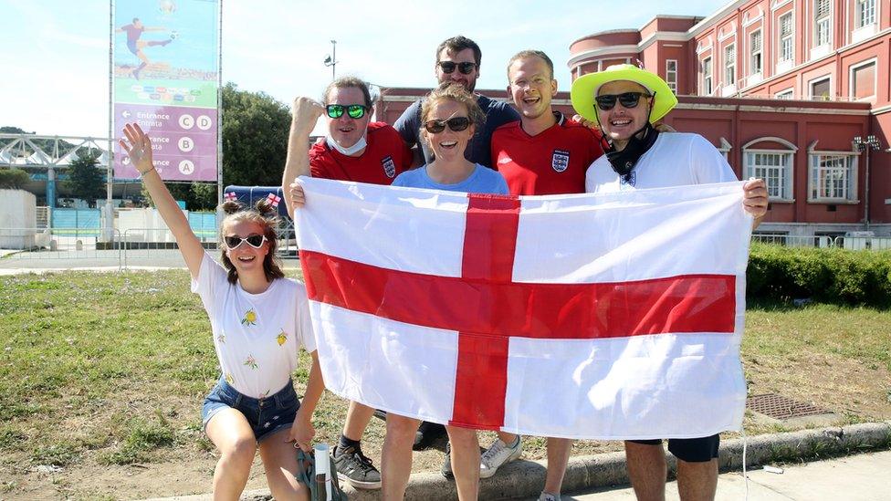 England fans in Rome ahead of watching the England v Ukraine, UEFA Euro 2020 Quarter Final match, which will take place at the Stadio Olimpico, Rome