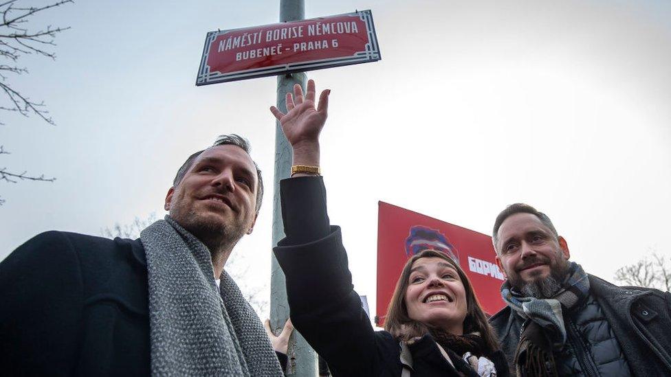 Zdenek Hrib, left, appeared with Boris Nemtsov's daughter at the event to officially rename the square