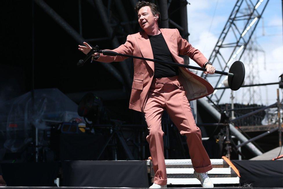 Rick Astley performs on the Pyramid Stage at Glastonbury