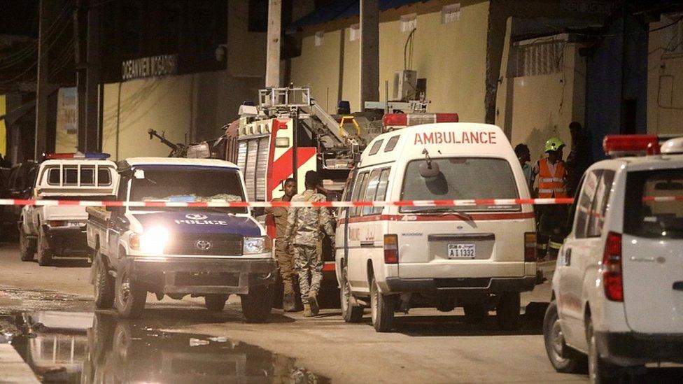 Emergency vehicles pictured after a blast at the Elite Hotel in Lido beach in Mogadishu, Somalia August 16, 2020