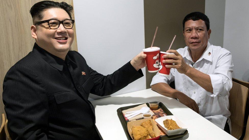 Impersonators Howard X (L) and Cresencio Extreme in Hong Kong, China, 3 February 2019