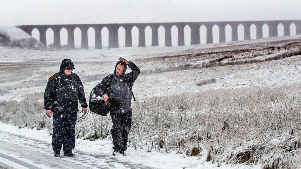 Walkers in snow at between Ingleton and Hawes in the Yorkshire Dales National Park
