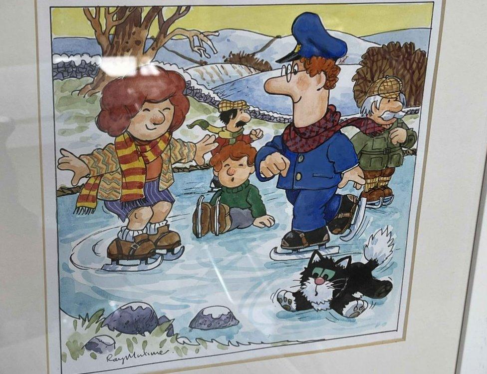 Watercolour of Postman Pat and other characters ice skating