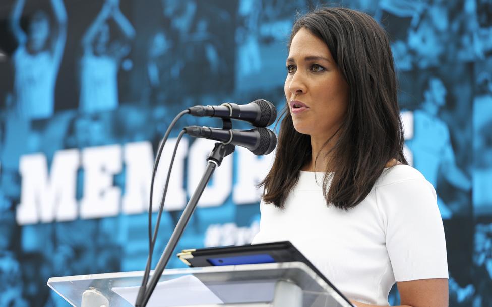 Mel McLaughlin speaks on stage during the Sydney FC 10 Year Anniversary Lunch at Allianz Stadium on March 16, 2015